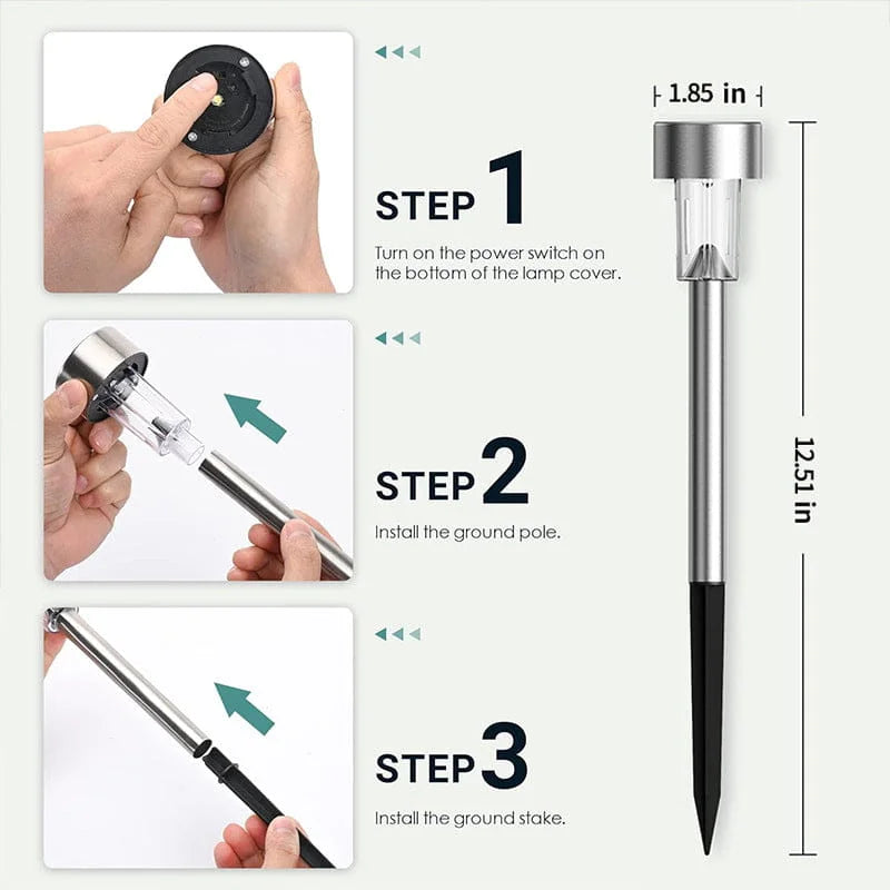 Step-by-step guide on how to assemble a solar-powered lamp with measurements.
