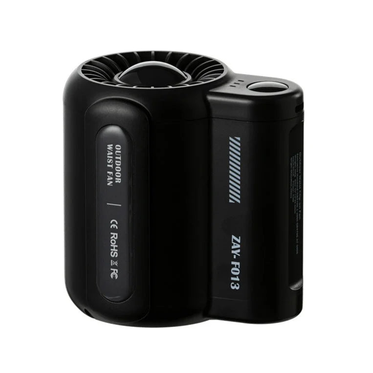 WindForce Pro waist fan securely clipped to a belt for hands-free outdoor cooling in Black color.