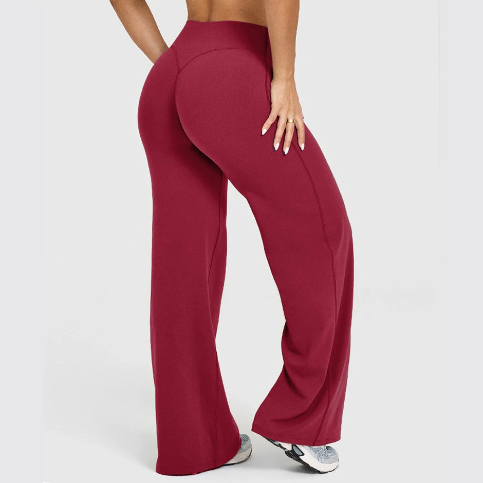 Maroon wide-leg pants worn by a person on a white background