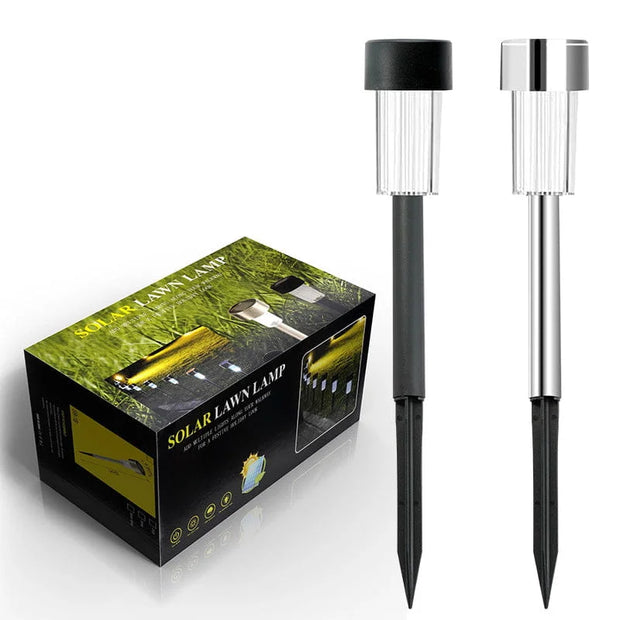 Solar lawn lamp with packaging on a white background
