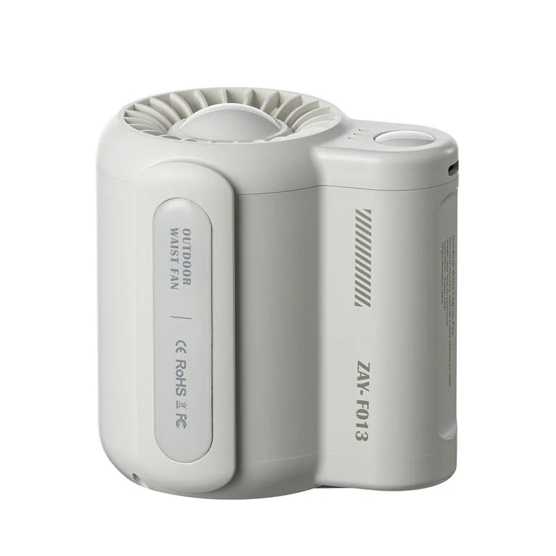 WindForce Pro waist fan securely clipped to a belt for hands-free outdoor cooling in White color.