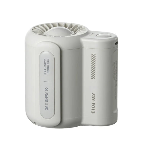 WindForce Pro waist fan securely clipped to a belt for hands-free outdoor cooling in White color.