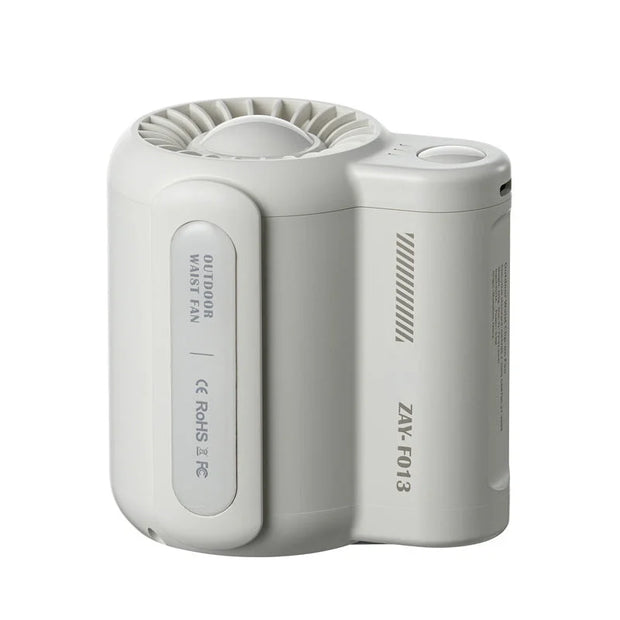 WindForce Pro waist fan securely clipped to a belt for hands-free outdoor cooling in White color.