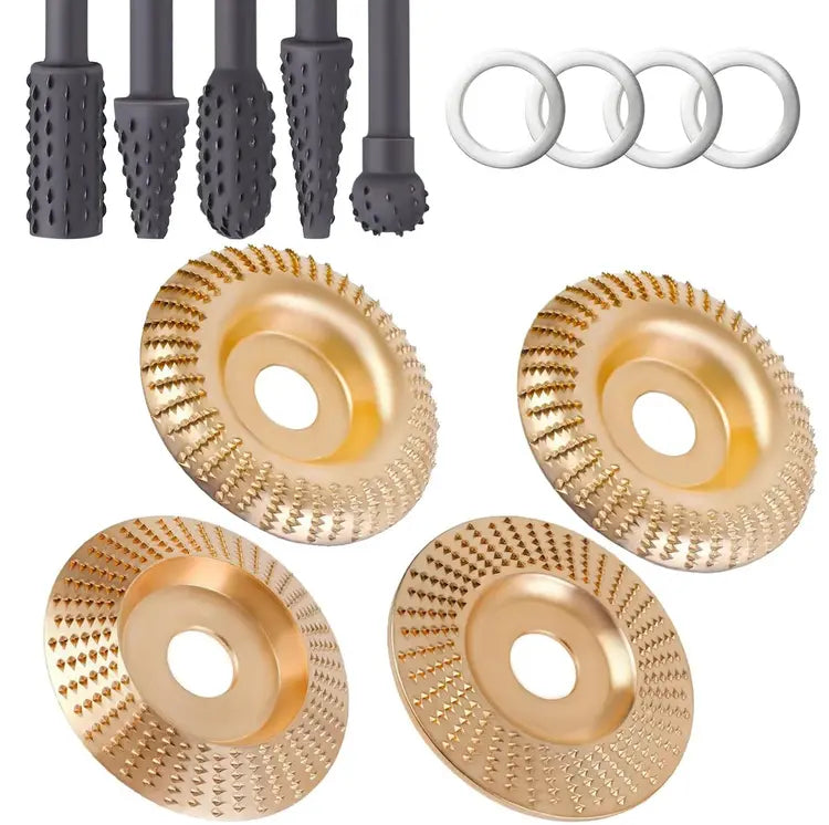 Set of gold metal wheels with black nozzles and white rings on a white background