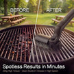 Before and after comparison of a grill with a cleaning tool, showing spotless results.