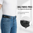 Person wearing a black belt with 'BeltBro Pro' branding, featuring jeans and a white shirt.