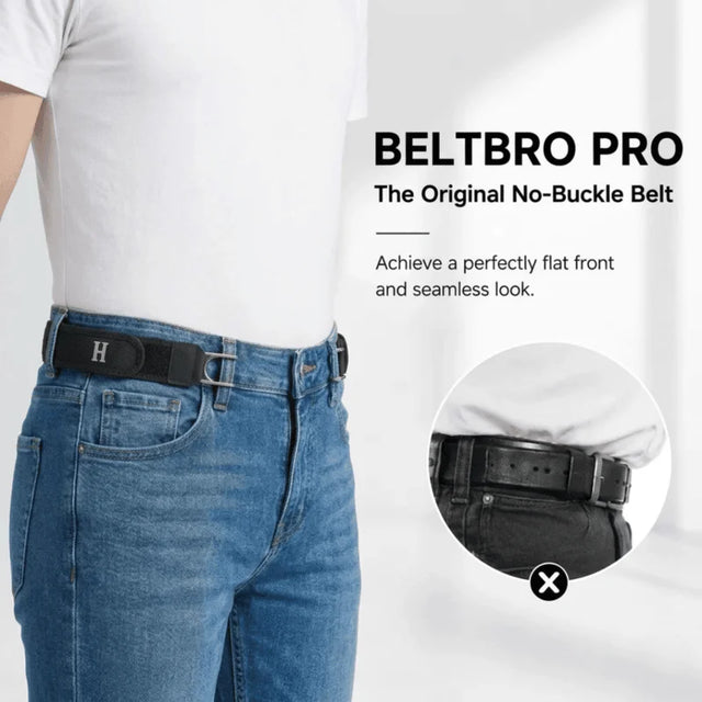 Person wearing a black belt with 'BeltBro Pro' branding, featuring jeans and a white shirt.