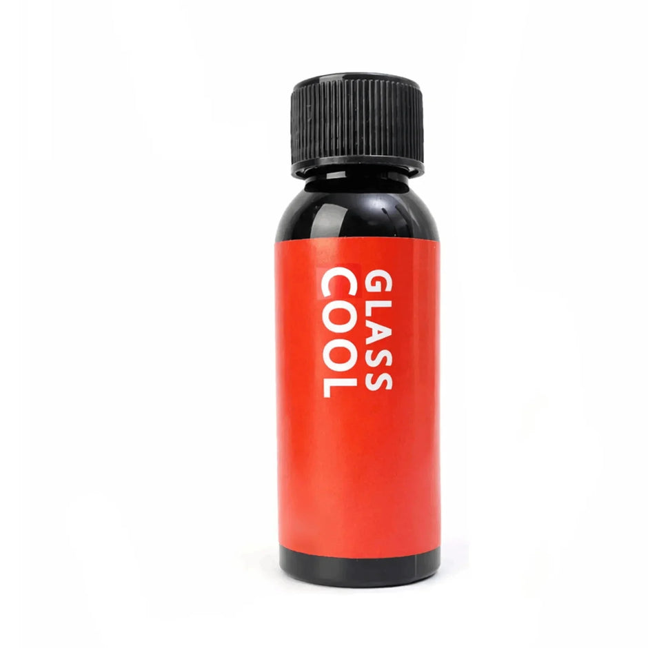 Red bottle labeled 'Glass Cool' with black cap on a white background