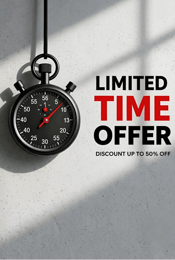 A black analog stopwatch hanging against a textured light gray wall with diagonal shadows, next to promotional text reading 'LIMITED TIME OFFER' and 'DISCOUNT UP TO 50% OFF'.