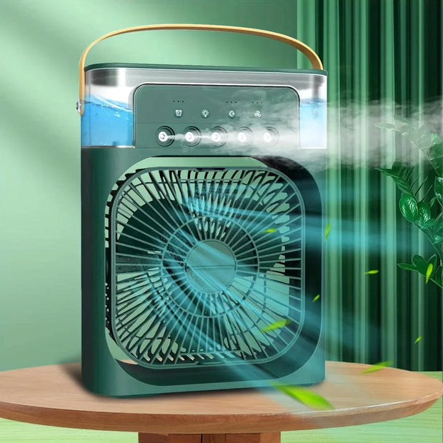 Portable air cooler on a wooden surface with a green background