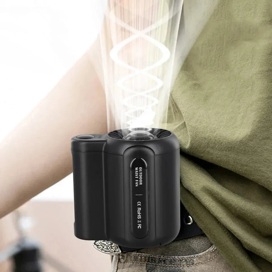 WindForce Pro waist fan securely clipped to a belt for hands-free outdoor cooling.