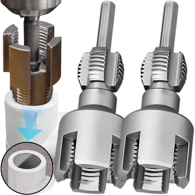Set of drill bits with detailed close-up on a white background