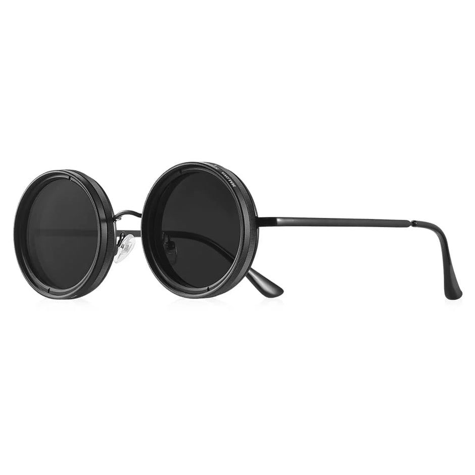 Round black sunglasses on a white background