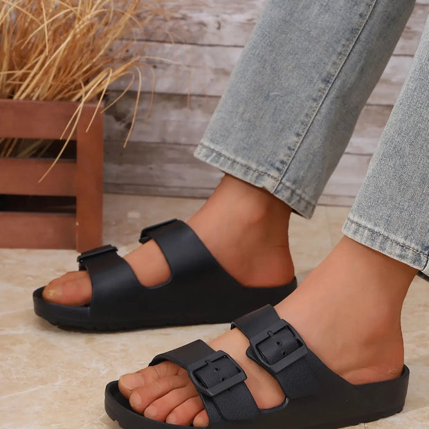 Men's Teen Mules New Summer Retro Casual Slip-On Slippers Eva One-Piece Molded Double-Strap Half-Slip Flat Slippers with Adjustable Buckle