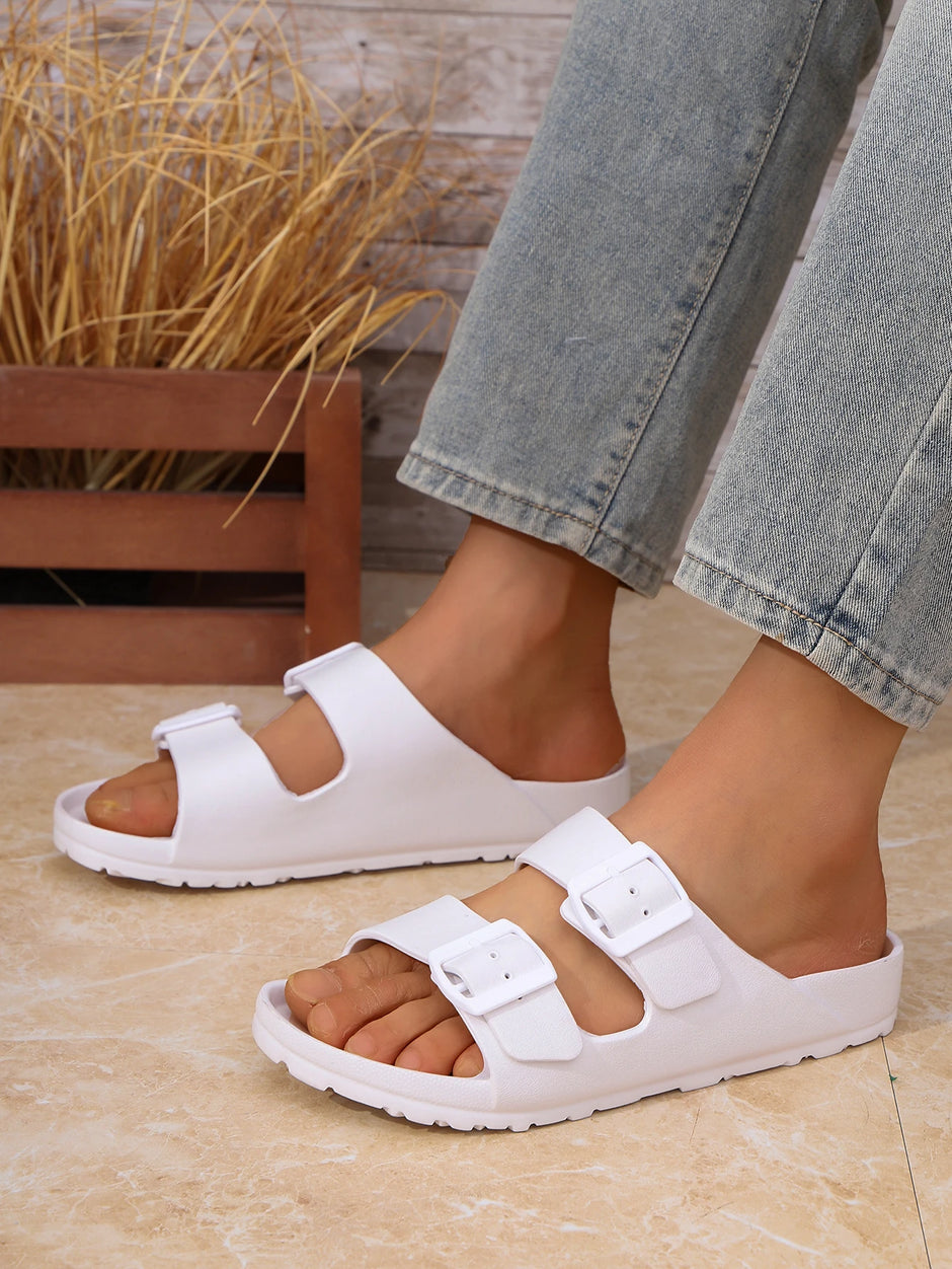 Men's Teen Mules New Summer Retro Casual Slip-On Slippers Eva One-Piece Molded Double-Strap Half-Slip Flat Slippers with Adjustable Buckle