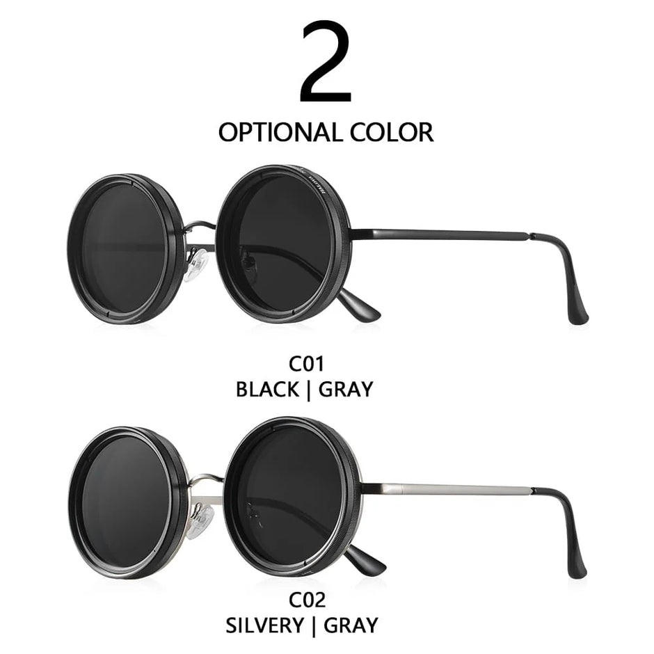 Two pairs of round sunglasses with different color options on a white background.