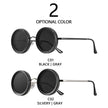 Two pairs of round sunglasses with different color options on a white background.