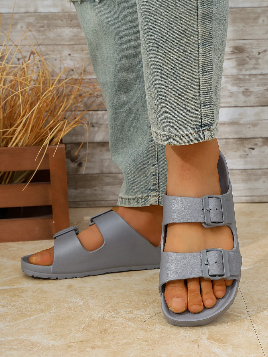 Men's Teen Mules New Summer Retro Casual Slip-On Slippers Eva One-Piece Molded Double-Strap Half-Slip Flat Slippers with Adjustable Buckle