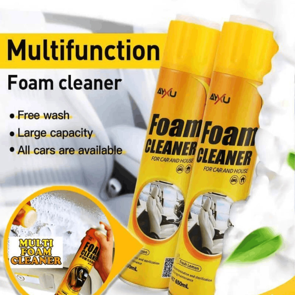 Two bottles of foam cleaner with text highlighting features on a white background