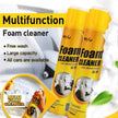 Two bottles of foam cleaner with text highlighting features on a white background