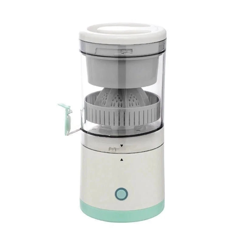 Portable juicer with a white and teal design on a white background