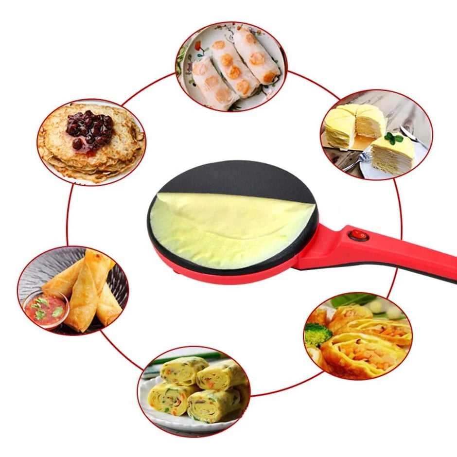 Red and black crepe maker with images of various crepes around it on a white background