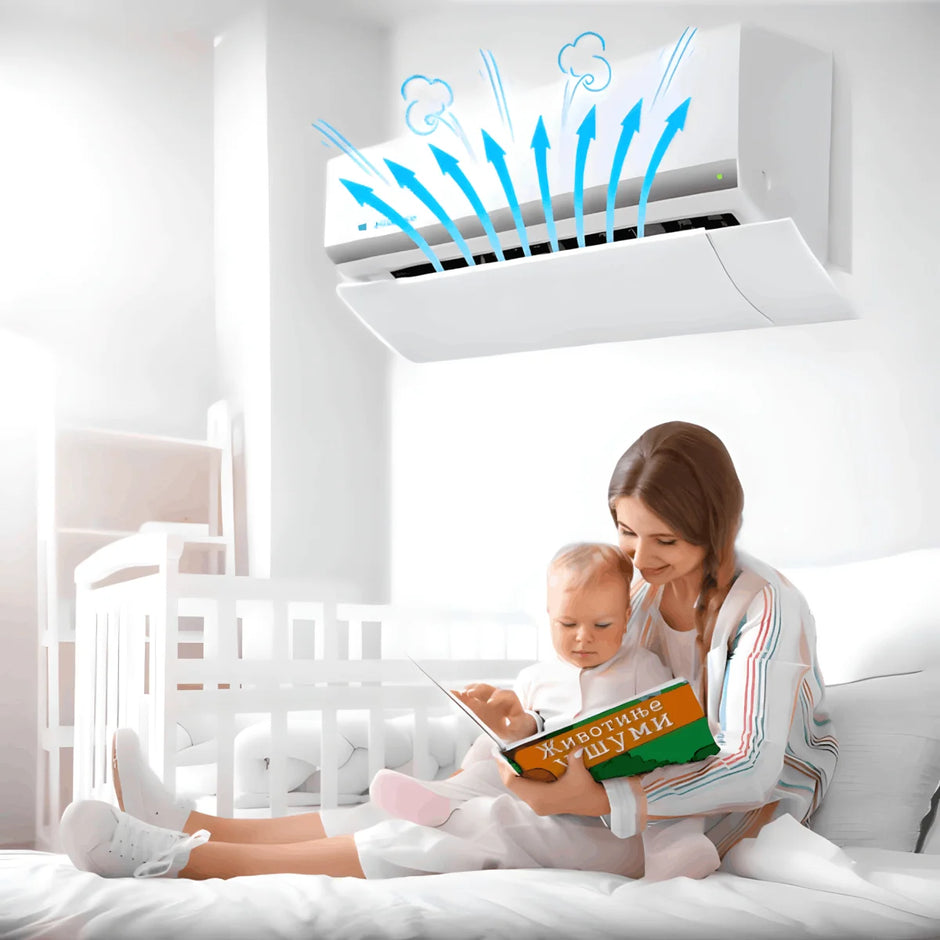 Woman and child reading a book in a room with an air conditioner above them