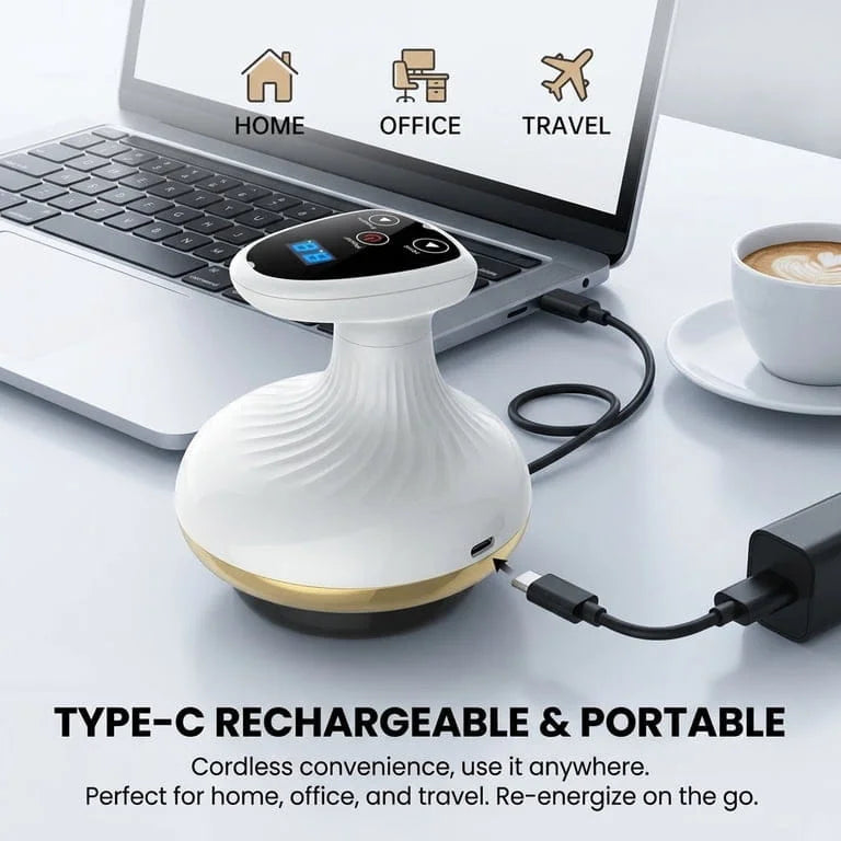 Portable device with USB cable connected to a laptop on a desk with a cup of coffee.