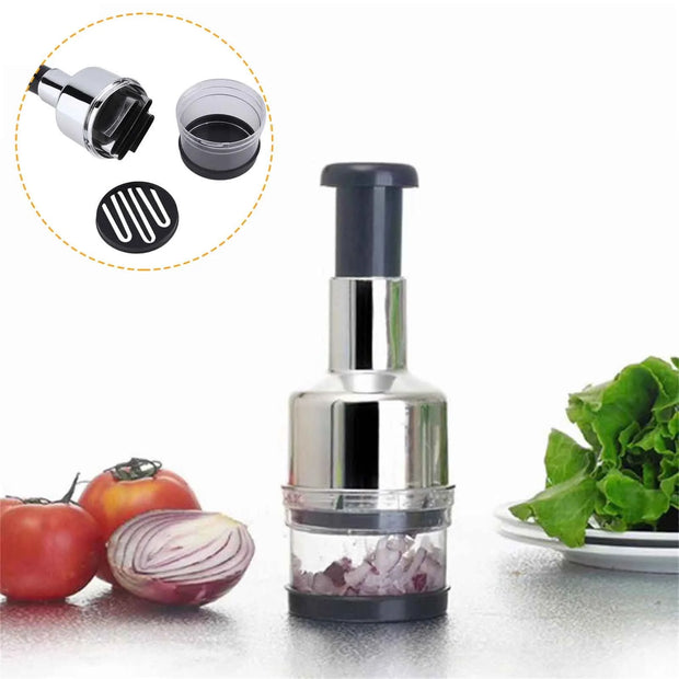 Kitchen tool with a close-up of its components, surrounded by tomatoes and lettuce on a white background.