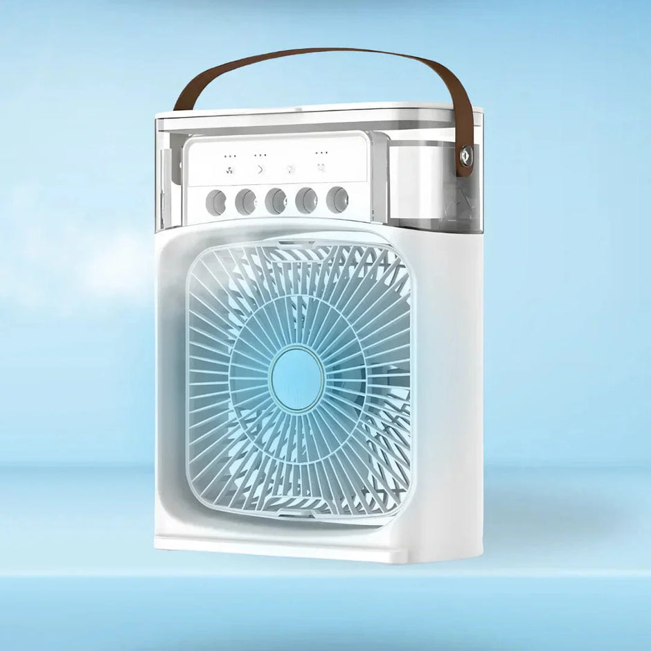 Portable fan with a handle on a light blue background