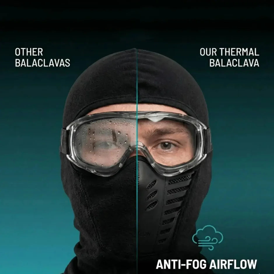 Comparison of a thermal balaclava with other balacavas, featuring anti-fog airflow technology.