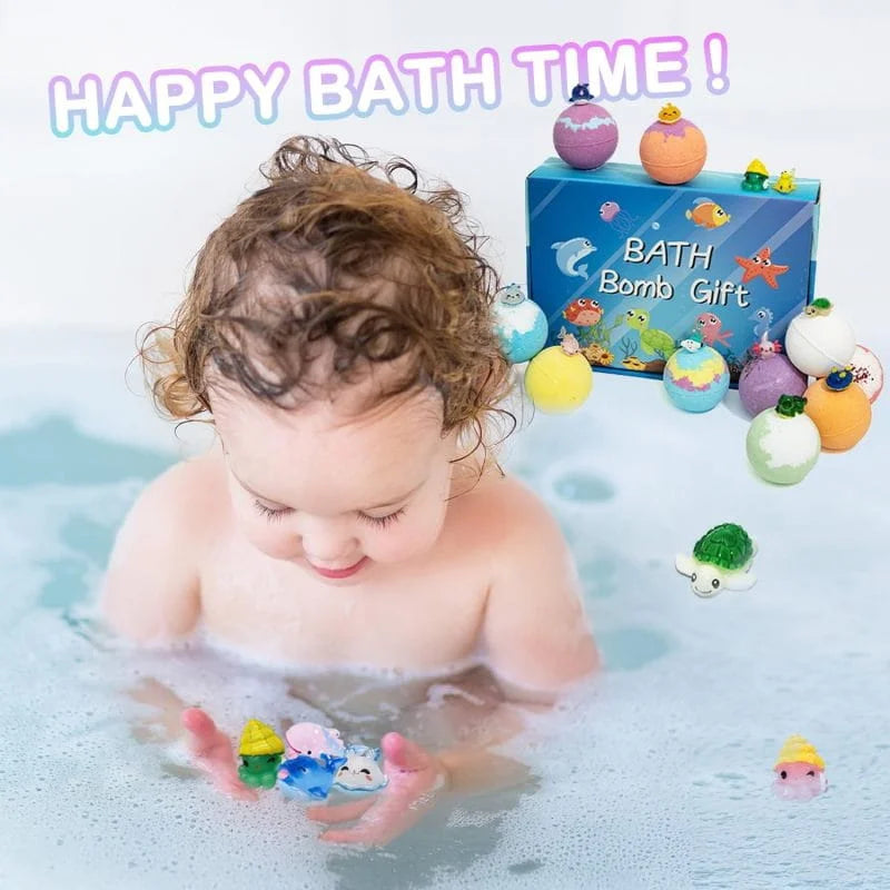 Child in a bathtub with bath toys and a box of bath bombs labeled 'Happy Bath Time'.