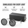 Sunglasses with a black box on a white background, featuring text about sunglasses for every light.