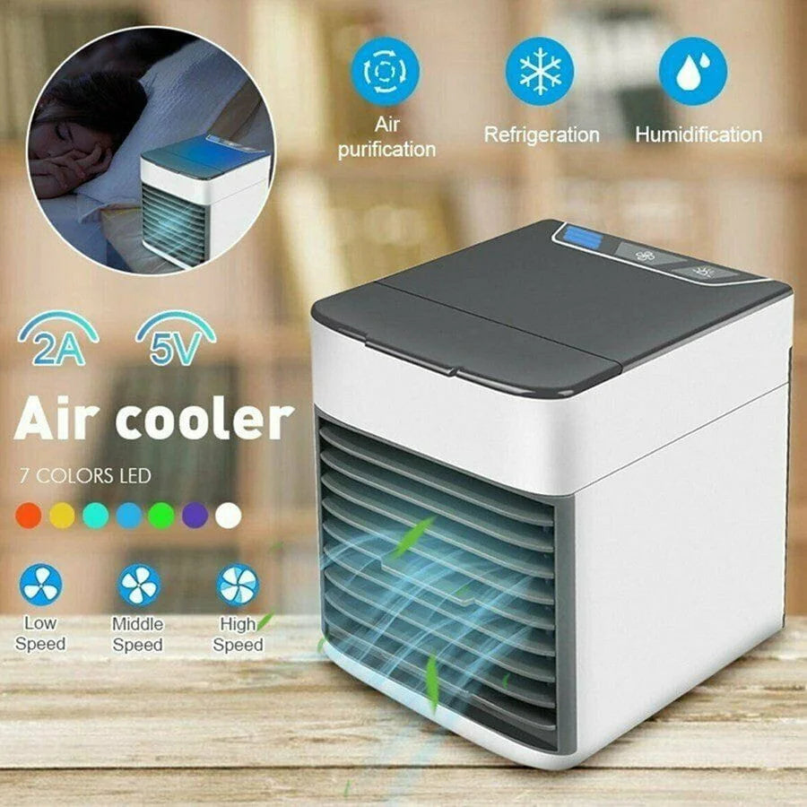 Portable air cooler with LED display and multiple functions on a wooden surface.