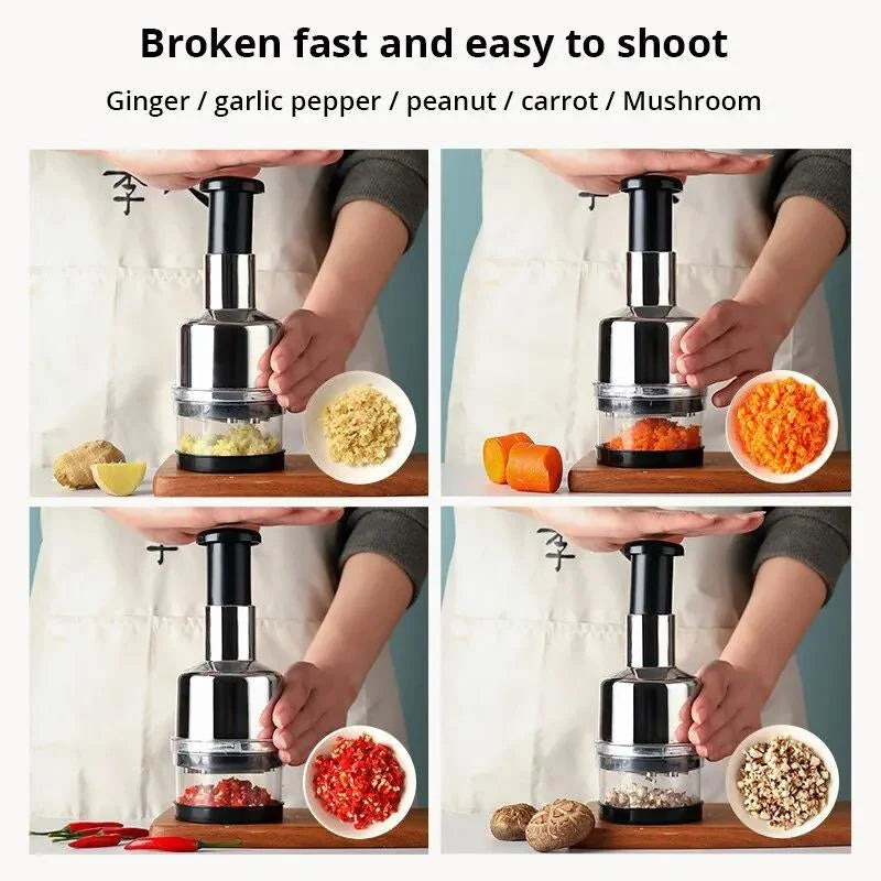 Multifunctional food processor being used to chop various ingredients.