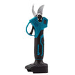 Black and teal electric pruning shears on a white background