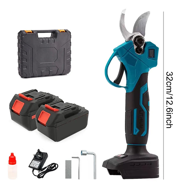Electric pruning shear with two batteries, charger, and case on a white background
