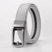 A light gray leather belt with a polished silver-tone automatic buckle, neatly coiled on a light gray background.