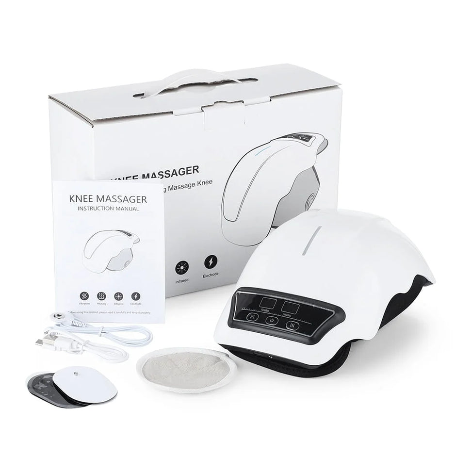 White knee massager with packaging and accessories on a white background