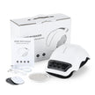 White knee massager with packaging and accessories on a white background