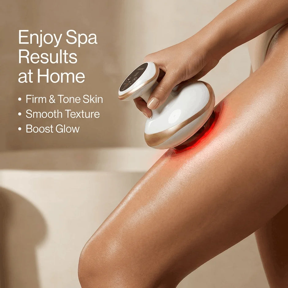 Hand using a skin care device on leg with text about spa results at home.