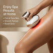 Hand using a skin care device on leg with text about spa results at home.