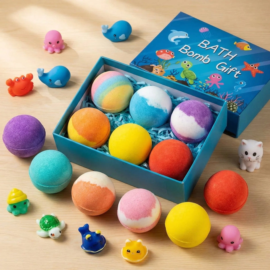 Colorful bath bombs in a gift box with toy figures on a wooden surface