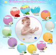 Colorful bath bombs with various scents and a baby playing with one, on a light blue background.