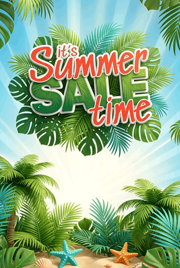 Summer sale promotional graphic with tropical leaves and beach elements.