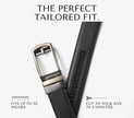Black leather belt with silver buckle on a white background, featuring text about size and customization.