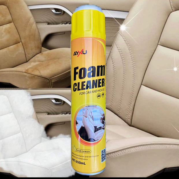 Foam cleaner spray can for car and house cleaning on a beige car seat background