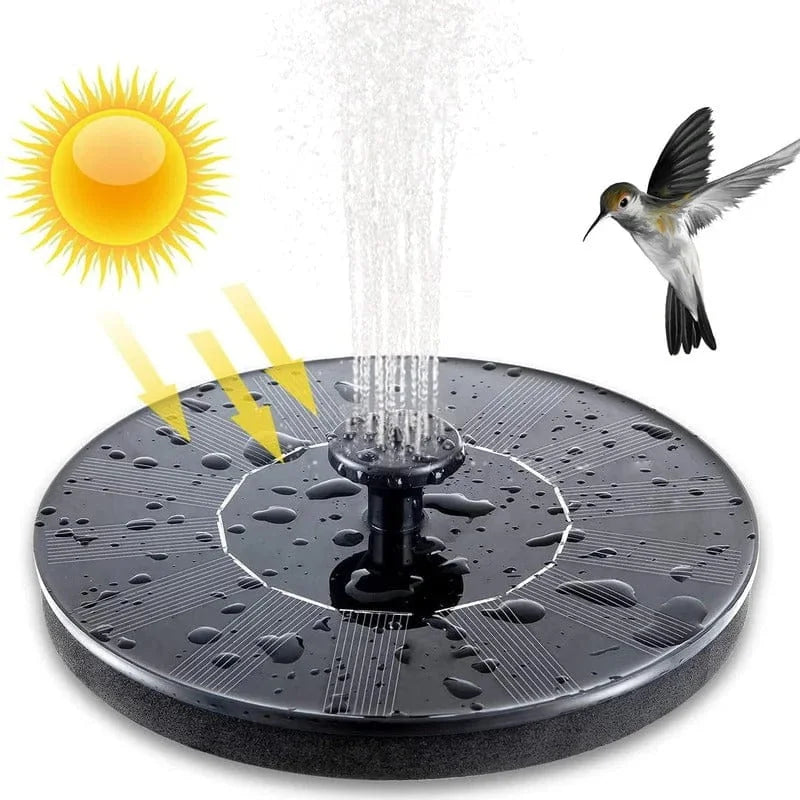 Solar-powered fountain with water sprays, sun illustration, and a bird on a white background