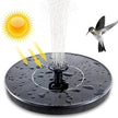 Solar-powered fountain with water sprays, sun illustration, and a bird on a white background