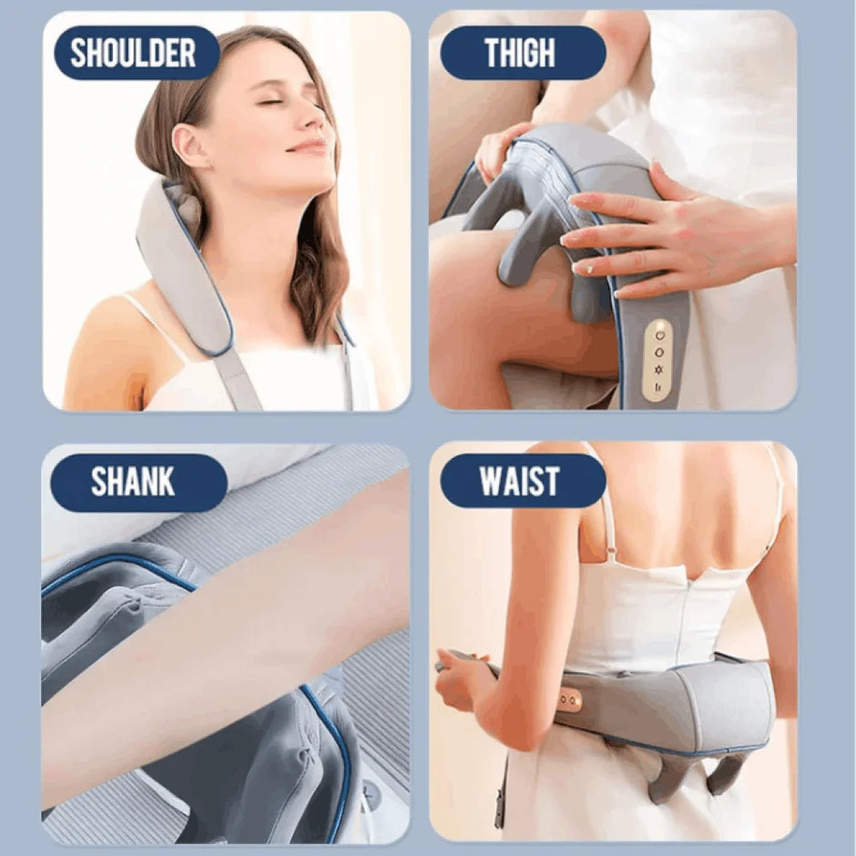 Massage device being used on different parts of the body including shoulder, thigh, shank, and waist.